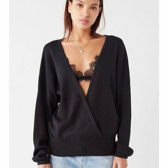 Urban Outfitter Black Erin Surplice Wrap V-Neck Sweater NWT Size Small - Picture 1 of 16